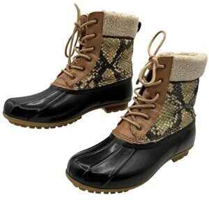 Sam Edelman Womens 7M Duck Boots Leather Upper Faux Fur Snake Pattern Waterproof